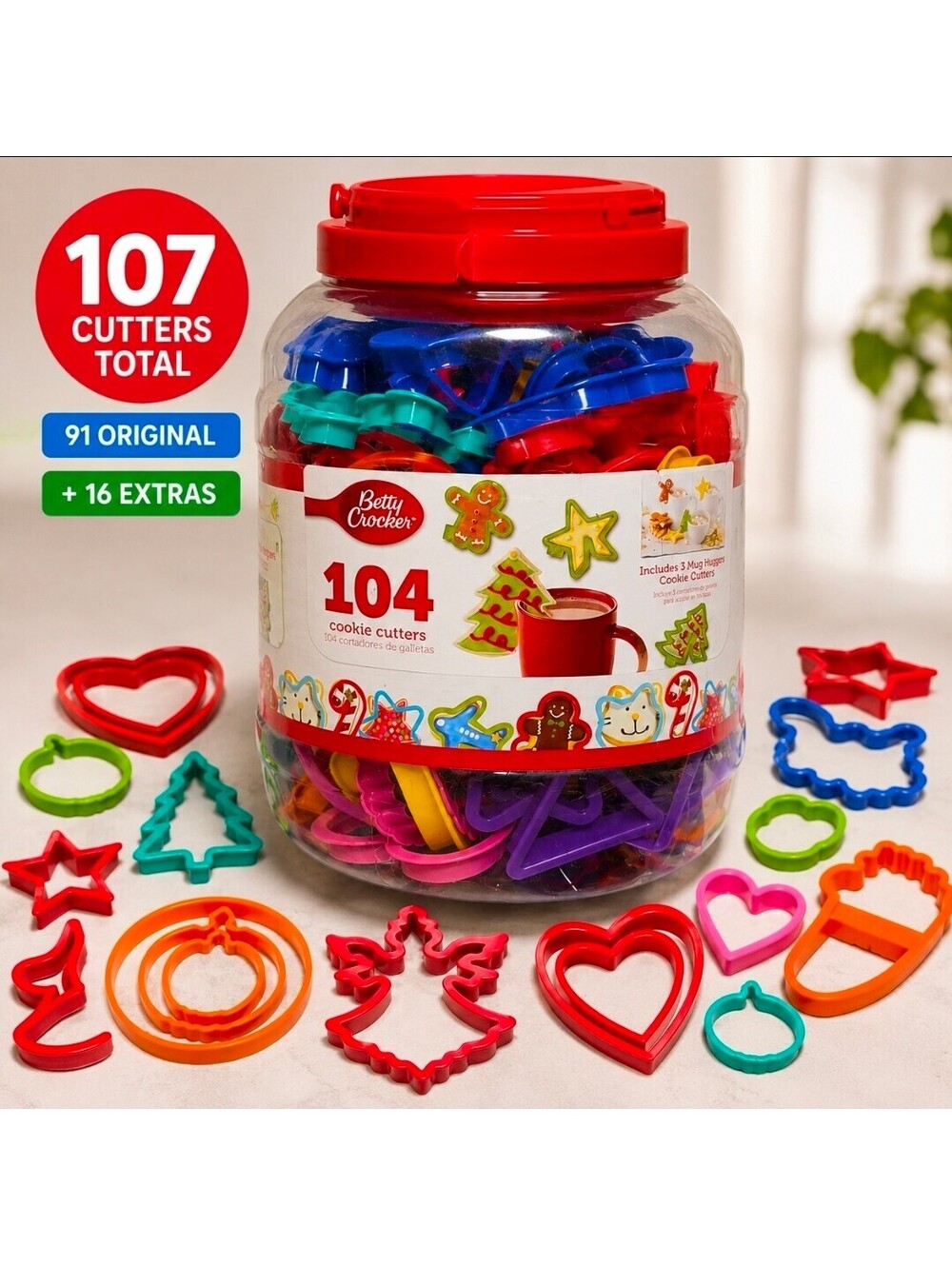 Betty Crocker 107 Cookie Cutter Lot 91 Original + 16 Extras Storage Bucket